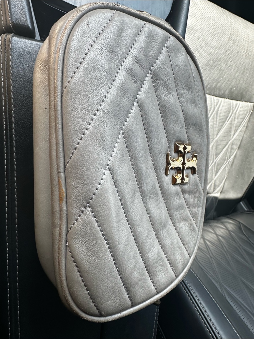 Tory Burch Quilted Leather Crossbody in Light Gray with Gold Logo